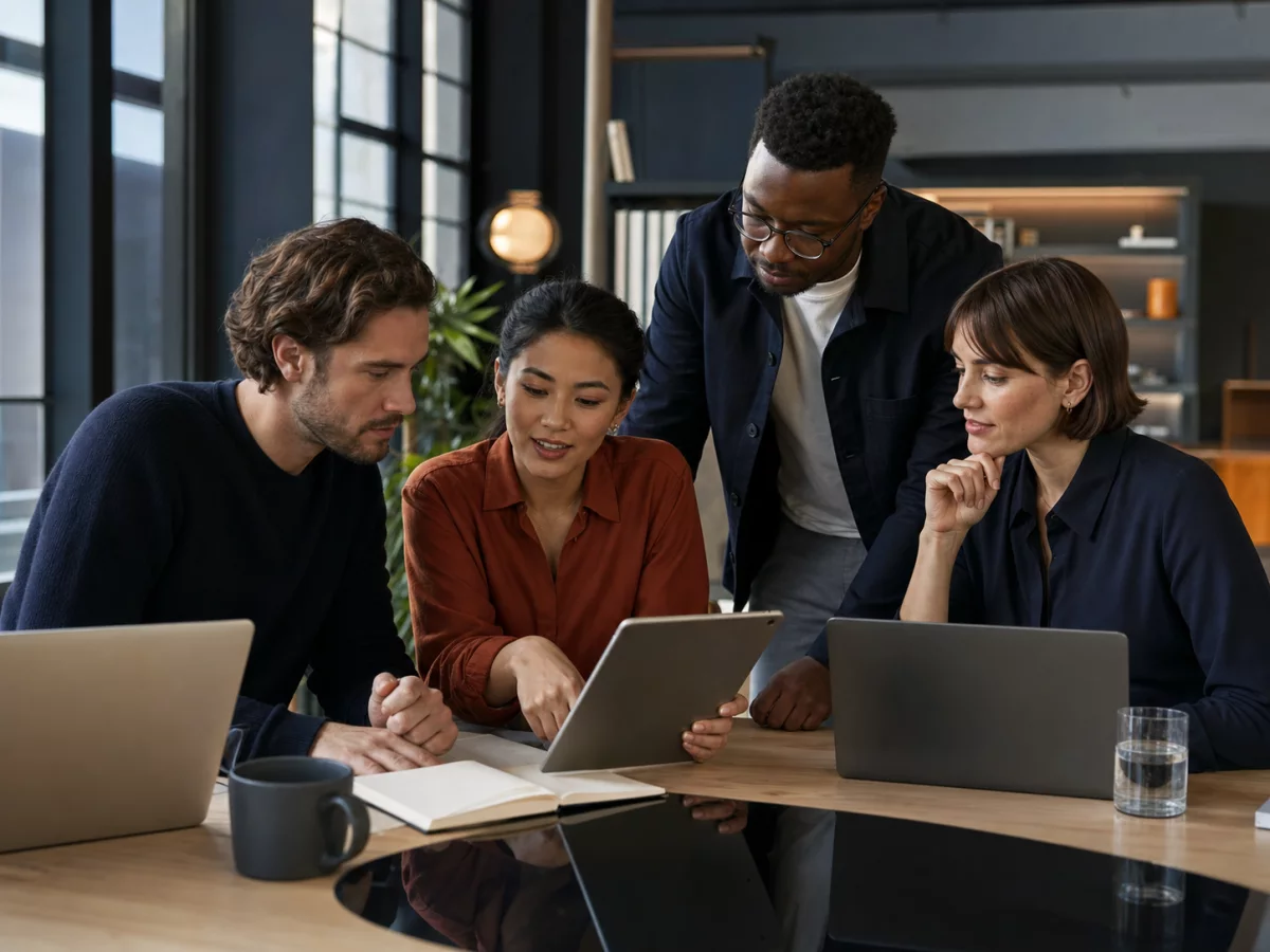 A professional digital team collaborating around a desk