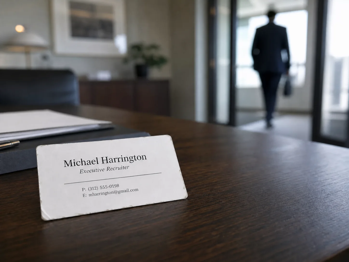 An old-fashioned recruiter business card without a website address left on a desk as a prospective client walks away