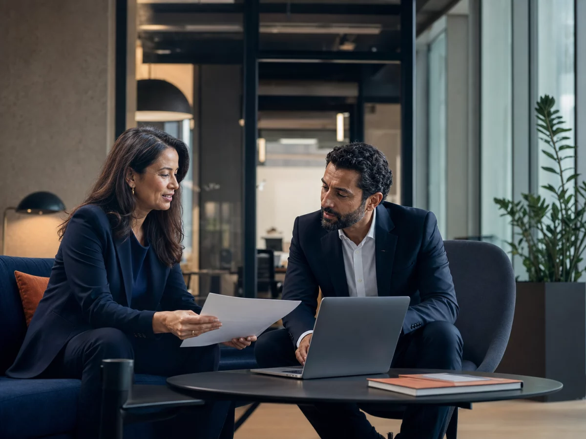 Recruitment consultant reviewing a brief with a client