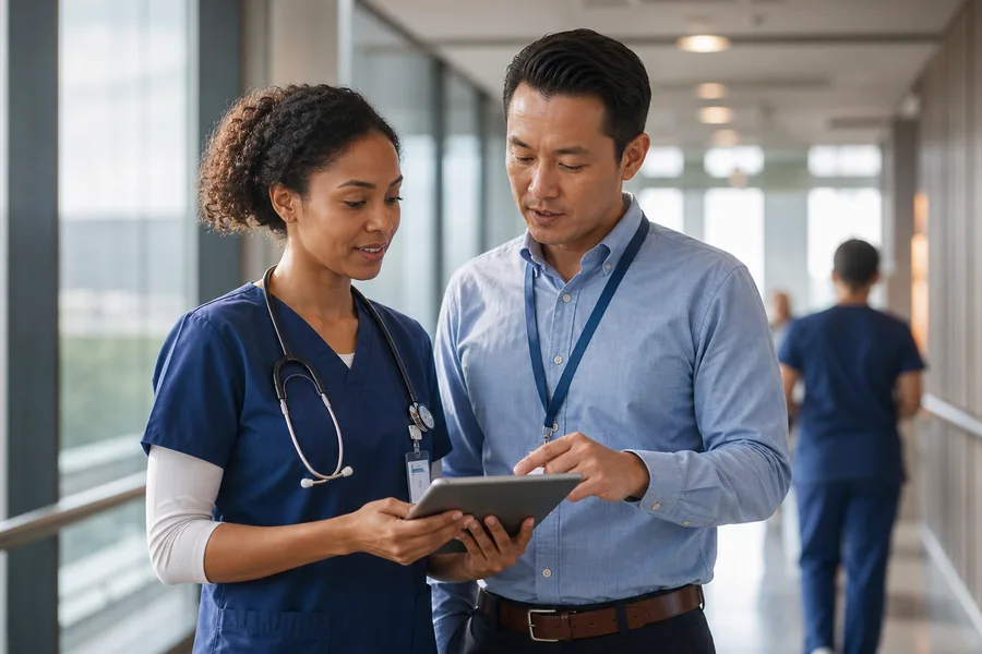 Healthcare staffing professionals collaborating in a hospital