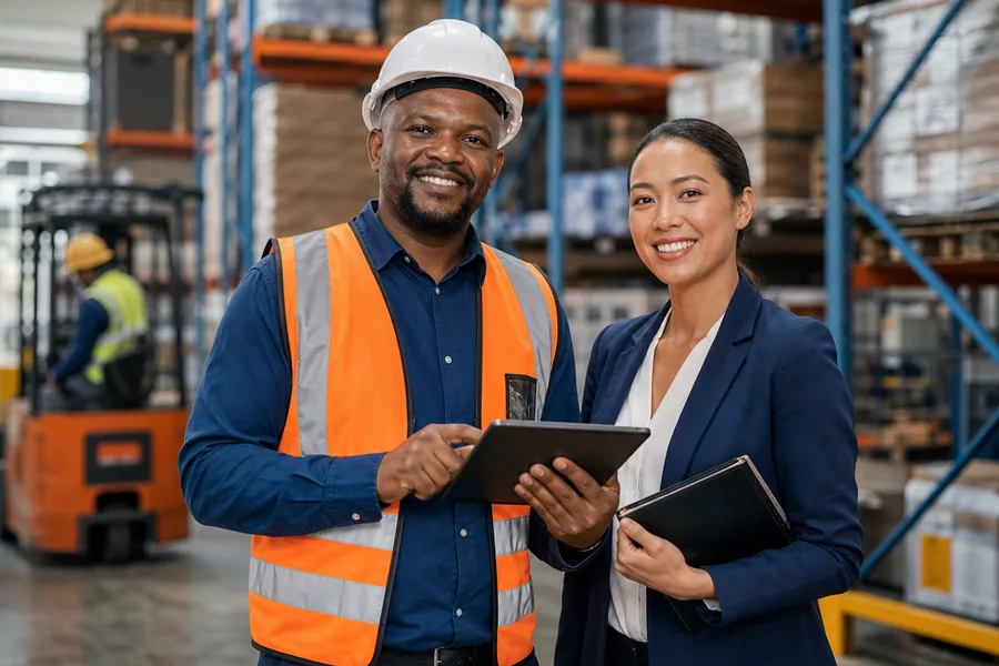Logistics staffing professionals on a warehouse floor