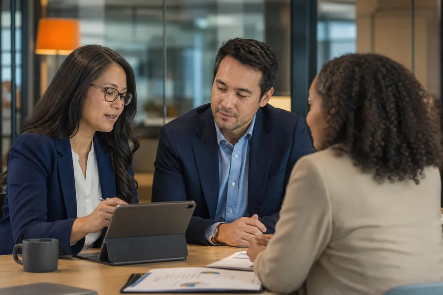 Professional services staffing meeting in a modern office