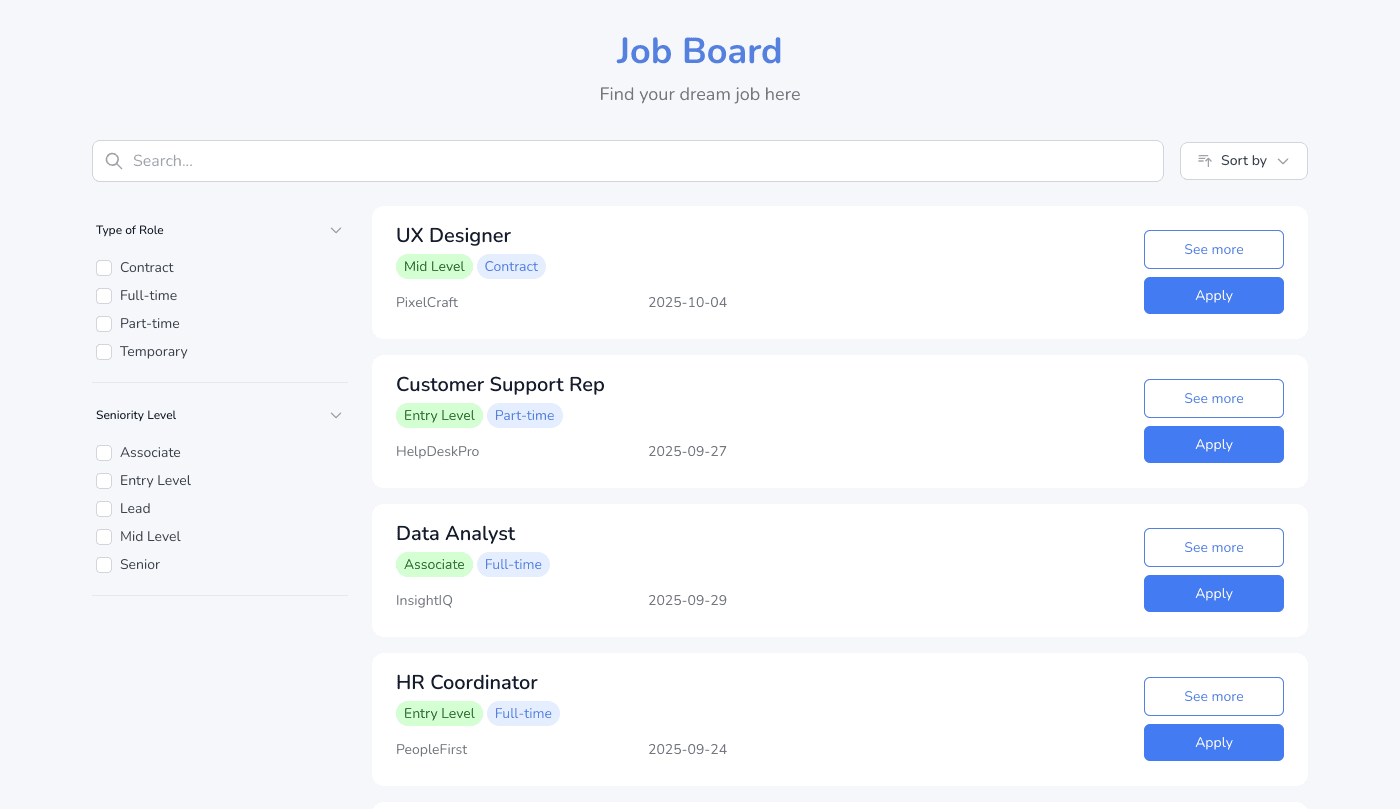 Searchable job board with role-type and seniority filters and Apply buttons, embedded on a Squarespace page