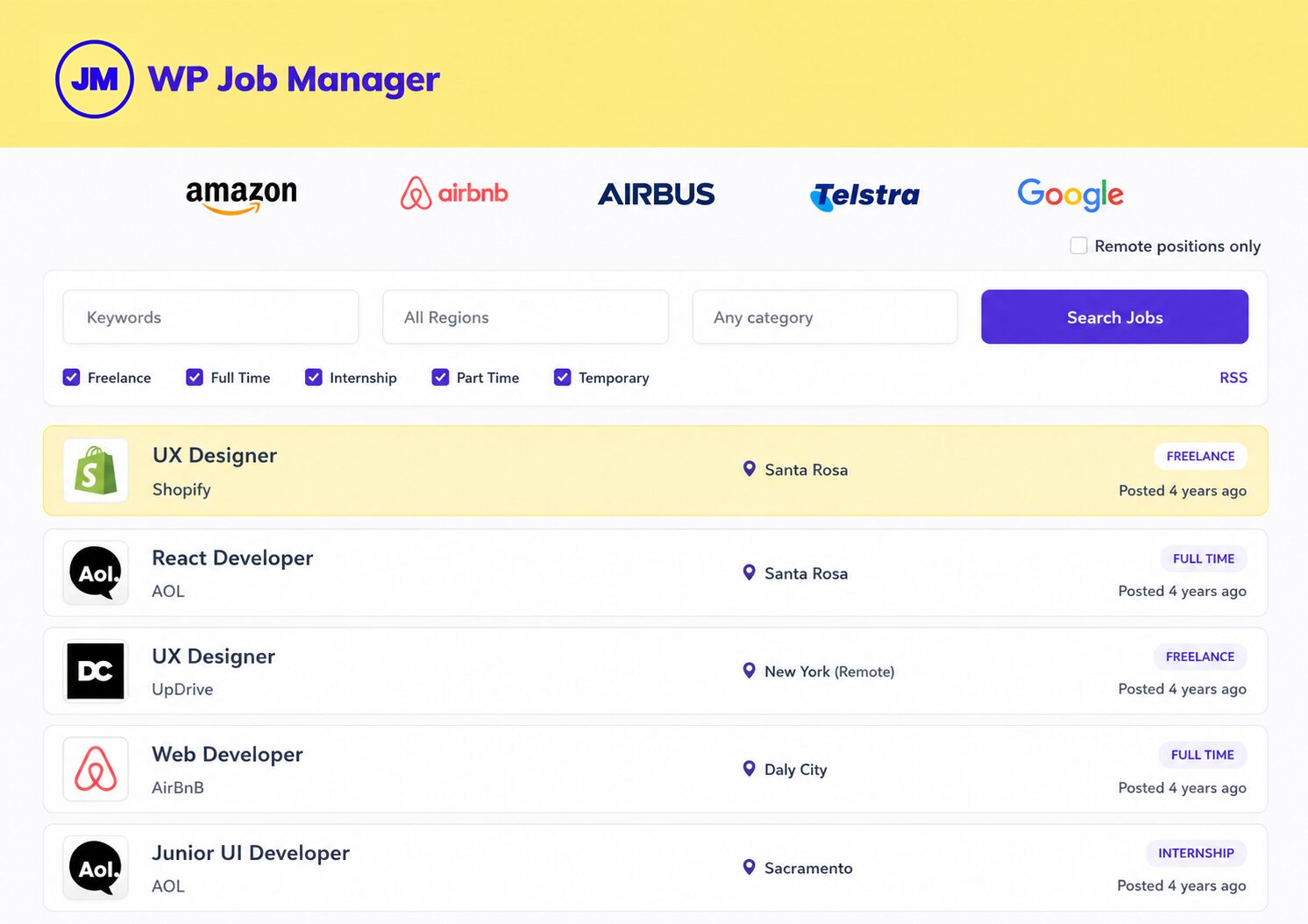 WP Job Manager front-end job board with keyword, region, category, and job-type filters and live job listings