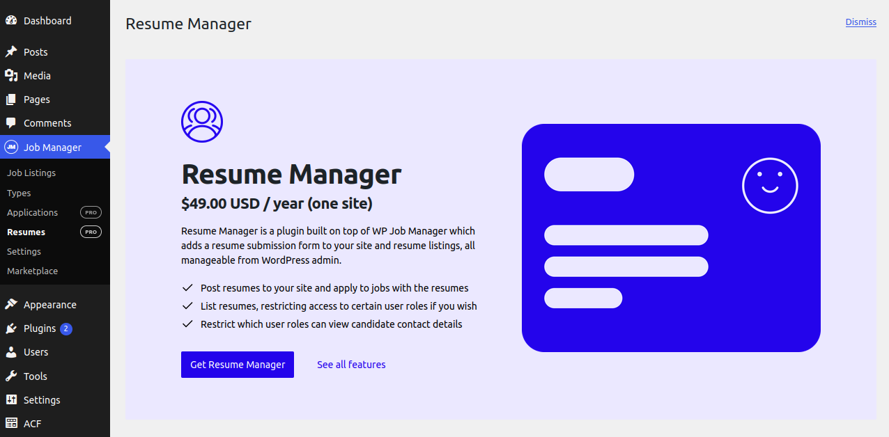 WP Job Manager Resume Manager add-on screen in the WordPress admin dashboard